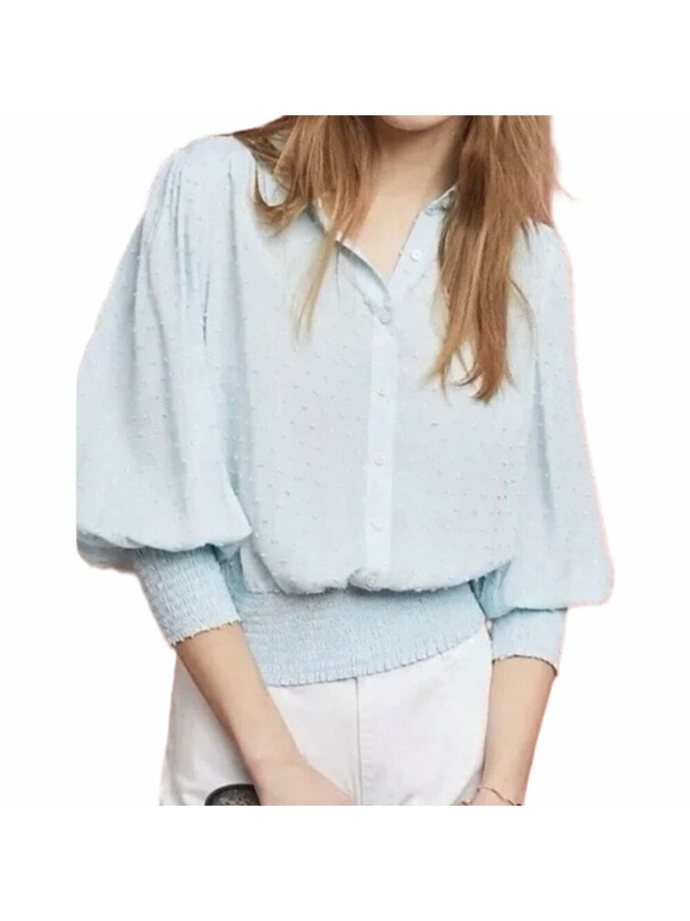Maeve Pale Blue Button-Front Blouse with Smocked Hem & Sleeves Size Small